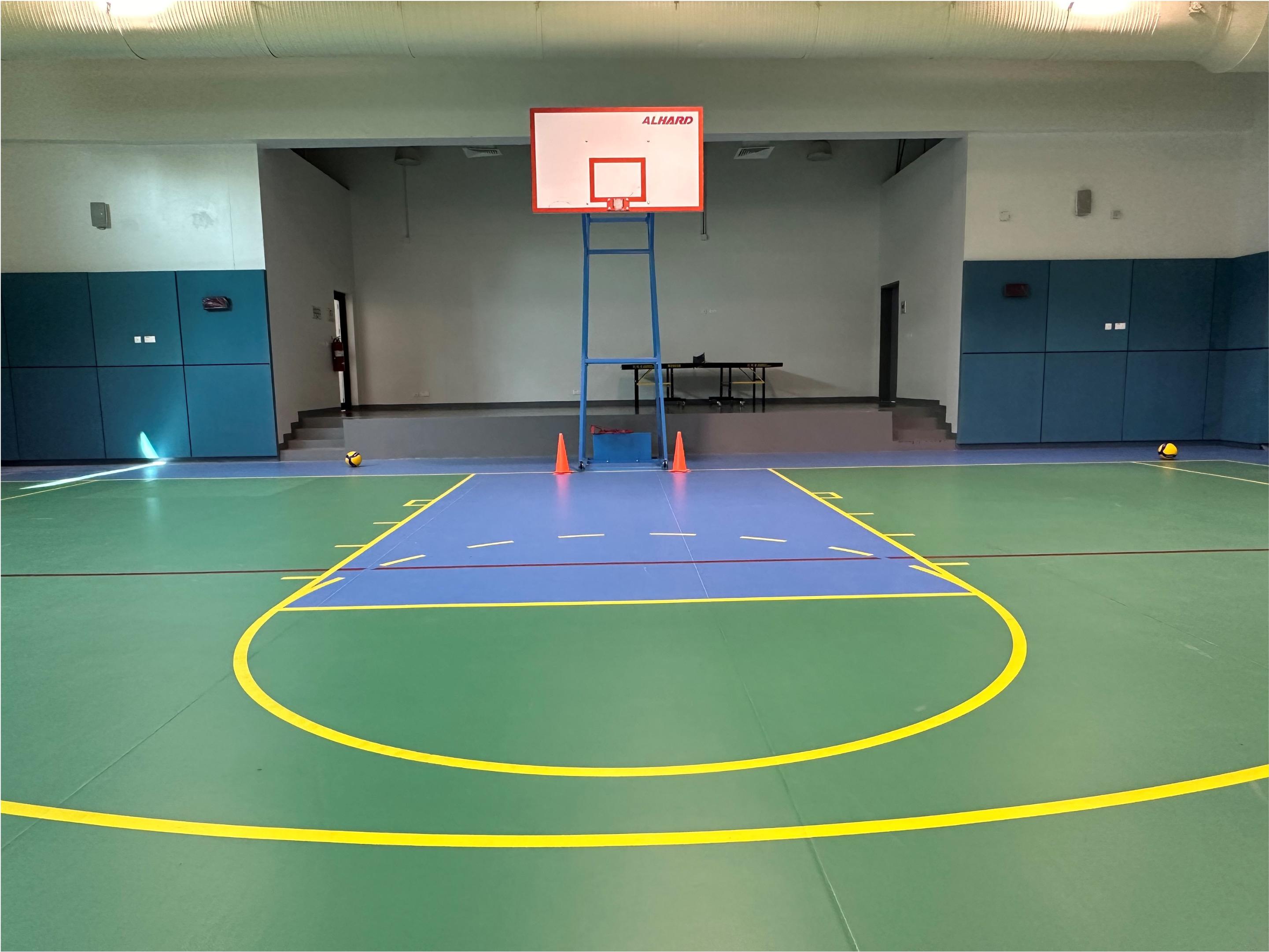 Striped floor for multiple sports activities, basketball base, tennis table, vinyl walls..